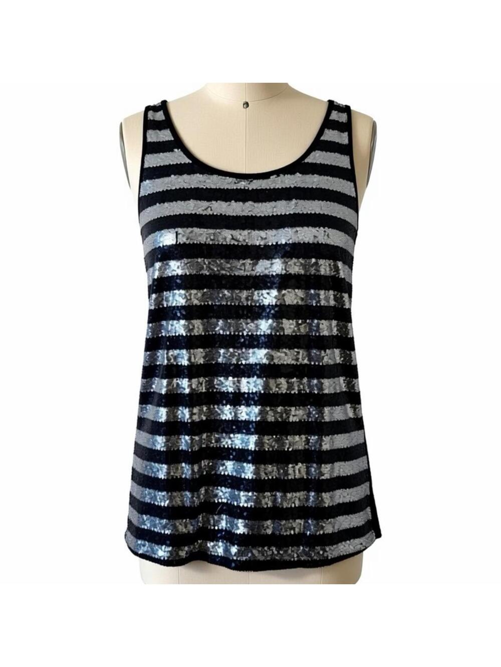 Forever 21 Black and Gray Striped Sequin Tank Top Large